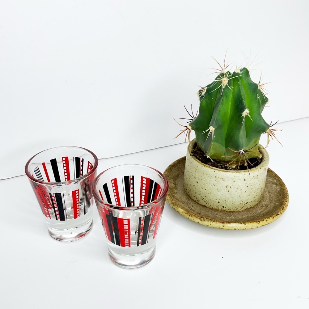 Vintage MCM Red Black Striped Shot Glasses Barware Set Atomic Era Cocktail